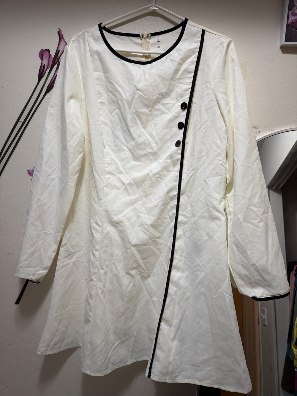 Cream Long-Sleeve Tunic Dress with Black Trim and Button Detail